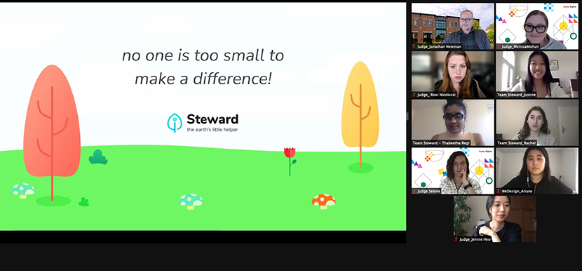 Screenshot from Zoom call. Slideshow reads "no one is too small to make a difference."