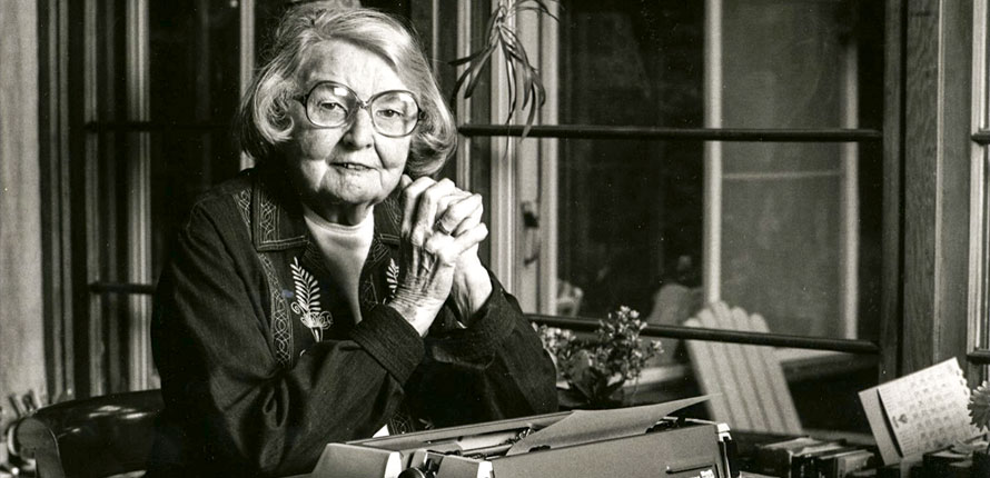 Edna Staebler at her typewriter